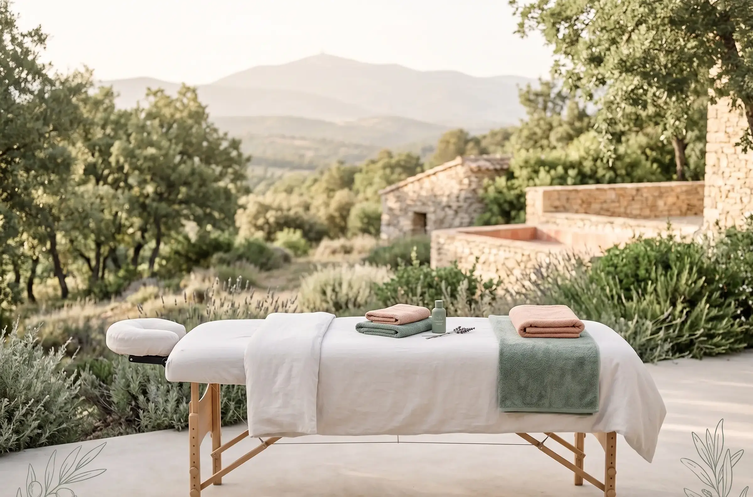 Table de soin installée face au Luberon